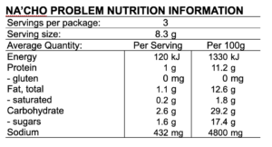 NA'CHO PROBLEM sample Nutrition information panel